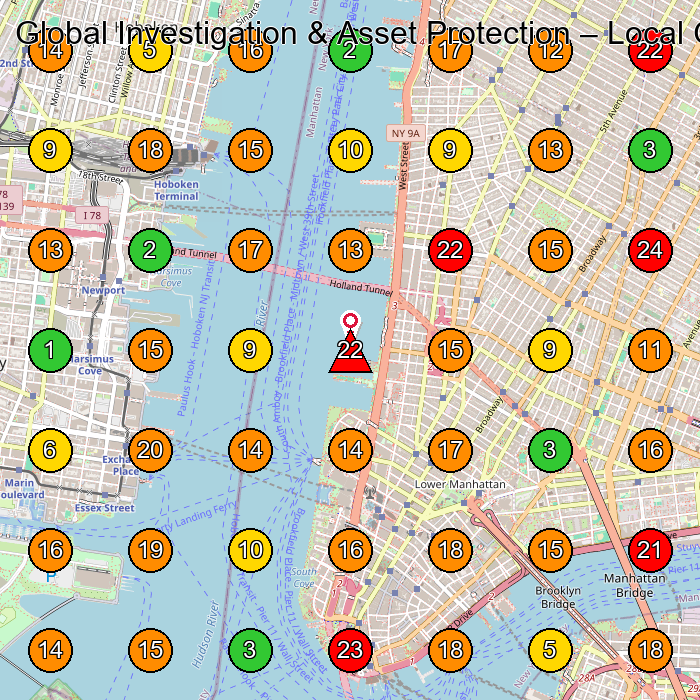 Global Investigation & Asset Protection Security Guard Service GeoGrid ranking map for New York NY